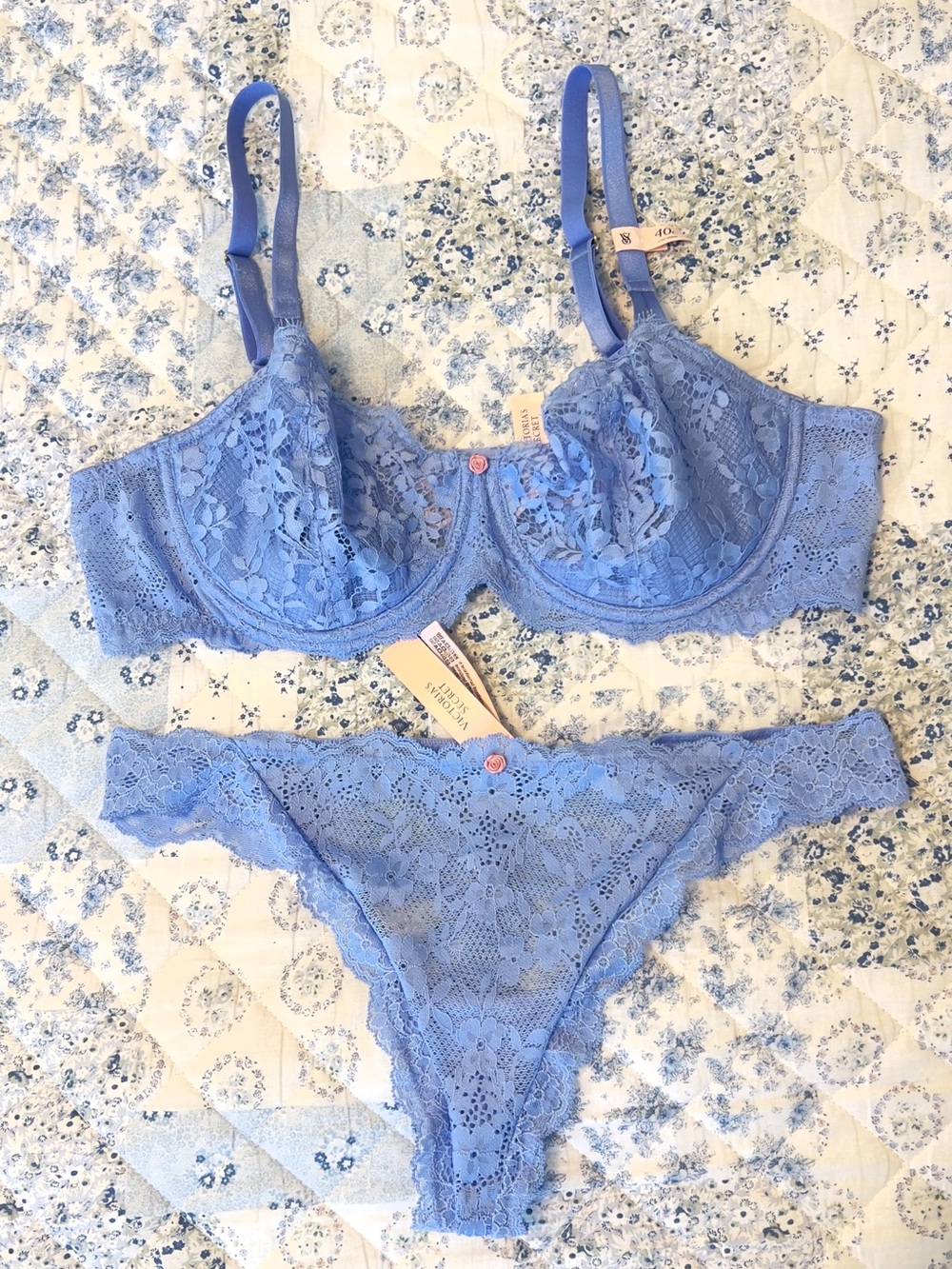 NWT Victoria’s Secret Dream Angels Blue Lace Bra 40C & XL Thong Set